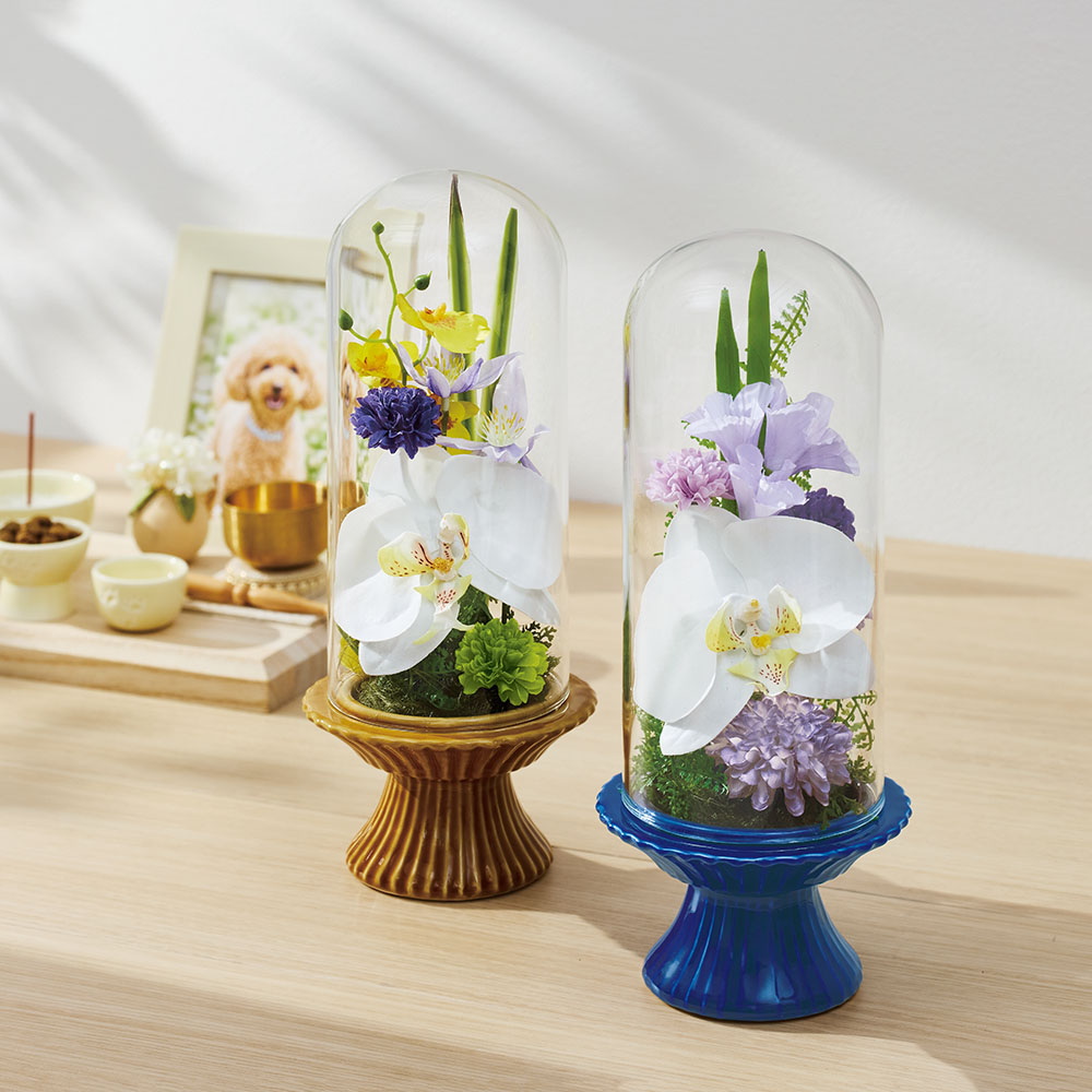 ガラスドームの仏花 アートフラワー 造花 インテリアグリーン LX7841