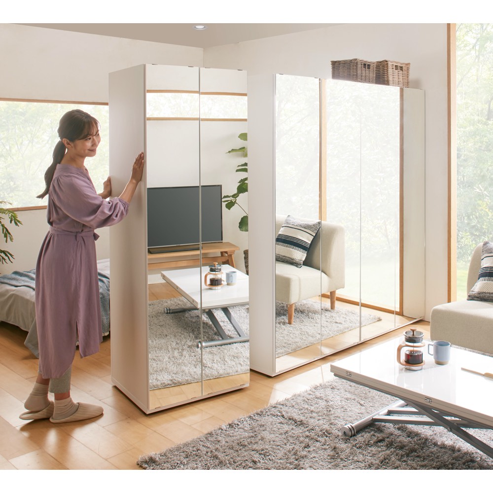 キャスター付き間仕切りワードローブ ミラー扉タイプ ハンガー2段 幅