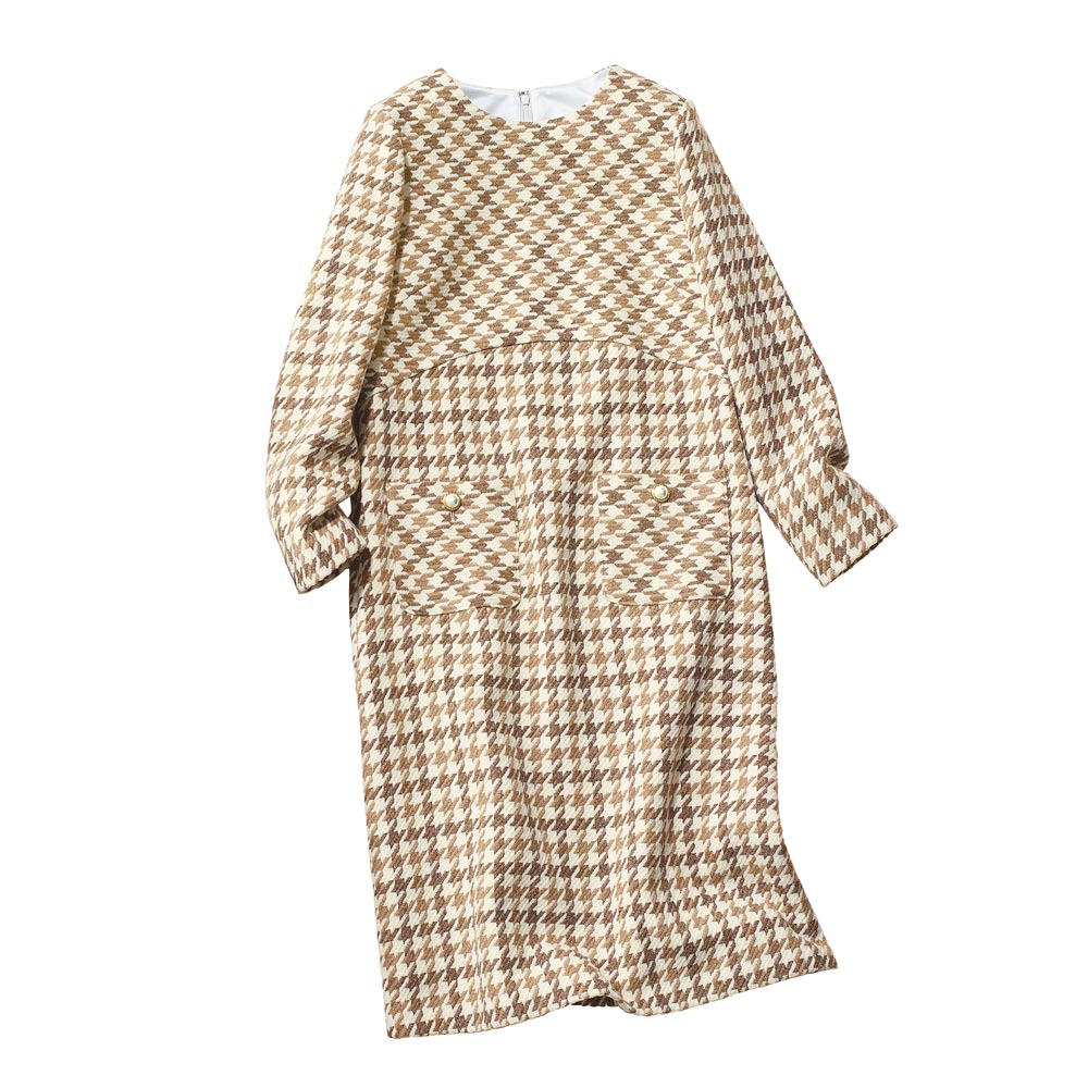 尾州産 ウール混 千鳥柄ツイードワンピース ワンピース ファッション PC5614