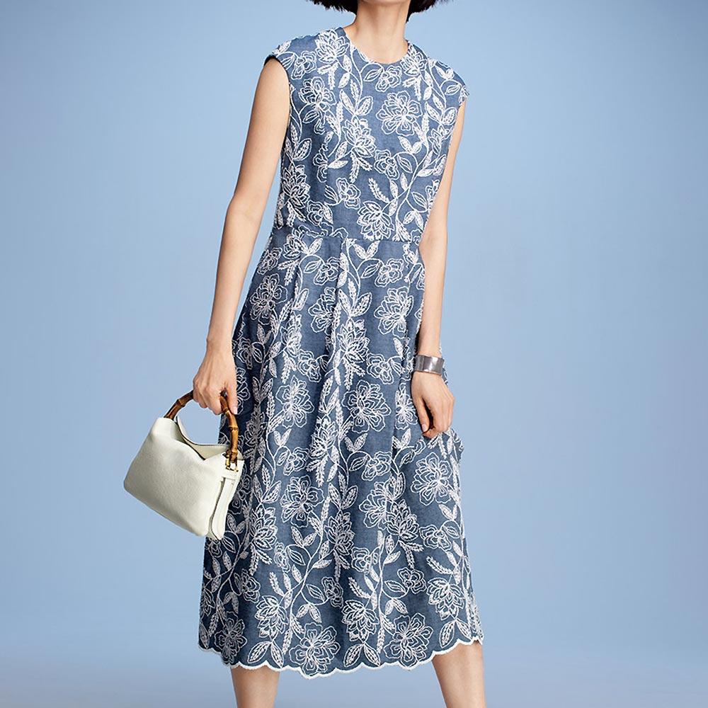 トルコ素材 デニム調コットンリネン 刺しゅう ワンピース ワンピース ファッション PC5433