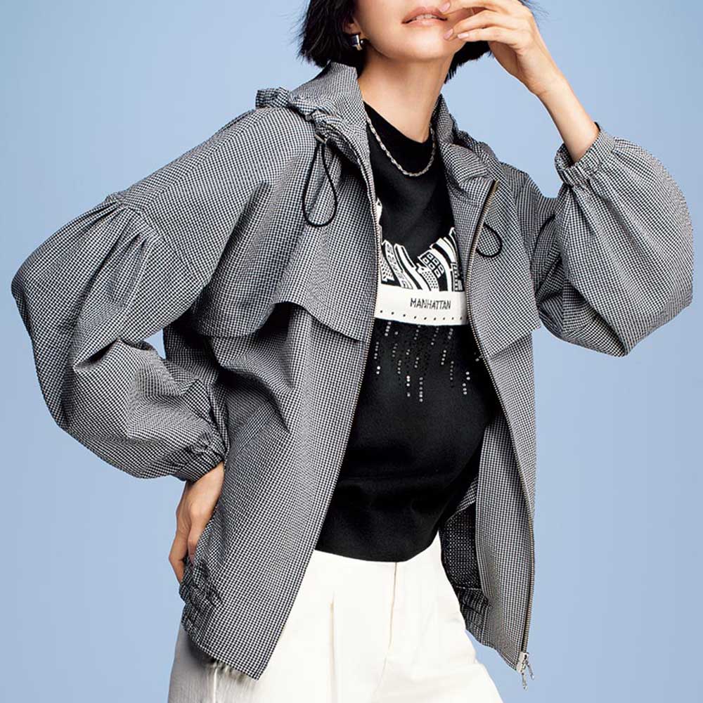 リップルチェック ボリュームスリーブ フーデッドブルゾン ジャケット ファッション PC5458