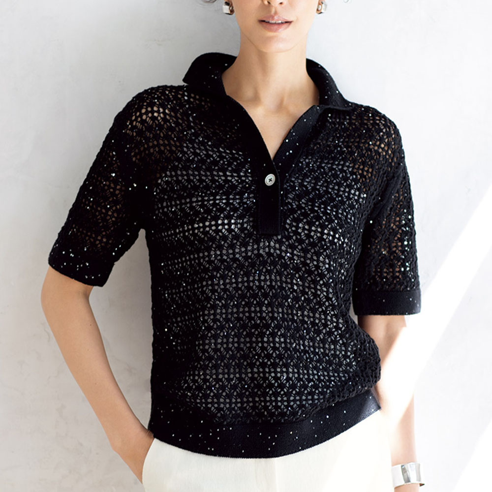 リネンコットンスパンコール糸 透かし編みプルオーバー シャツ ブラウス ファッション PC5532