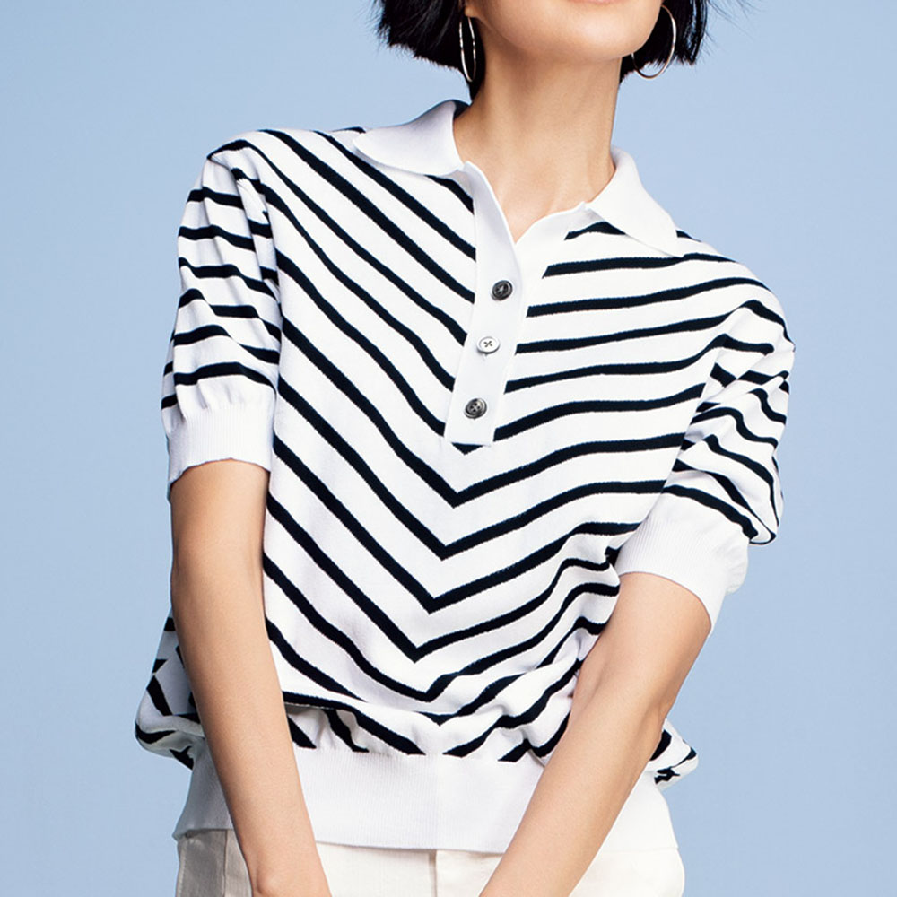 イタリアコットン糸 バイアスボーダーポロニット ニット セーター ファッション PC5534