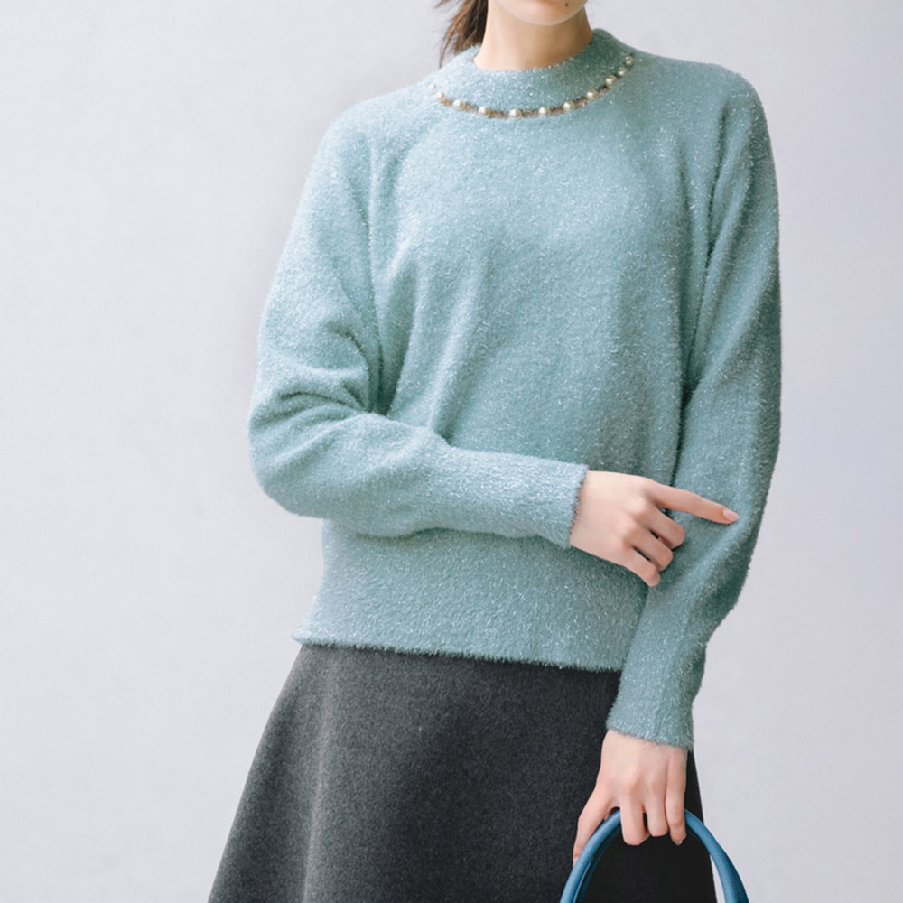 フェザーヤーン パール調ビーズ付き プルオーバー ニット セーター ファッション PC5586