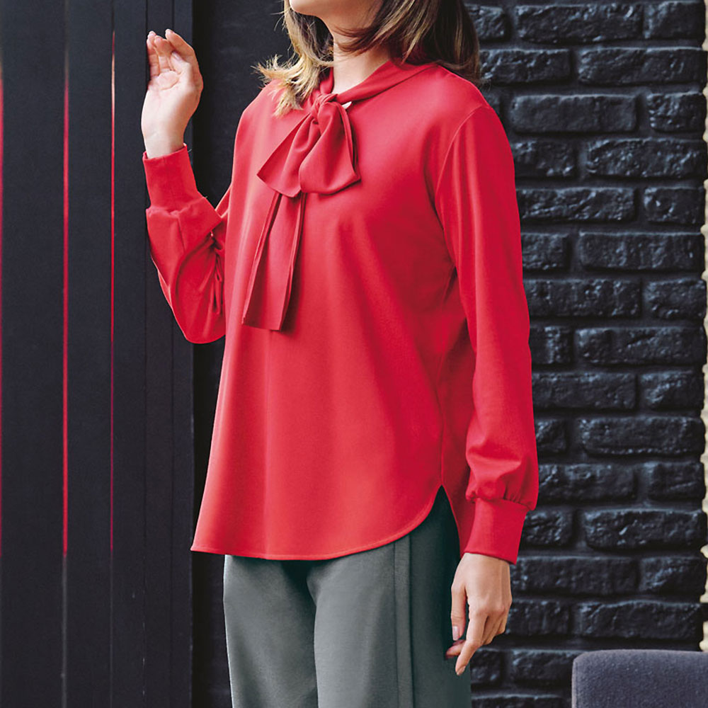 ボウタイブラウス風 ジャージー プルオーバー シャツ ブラウス ファッション PC5626