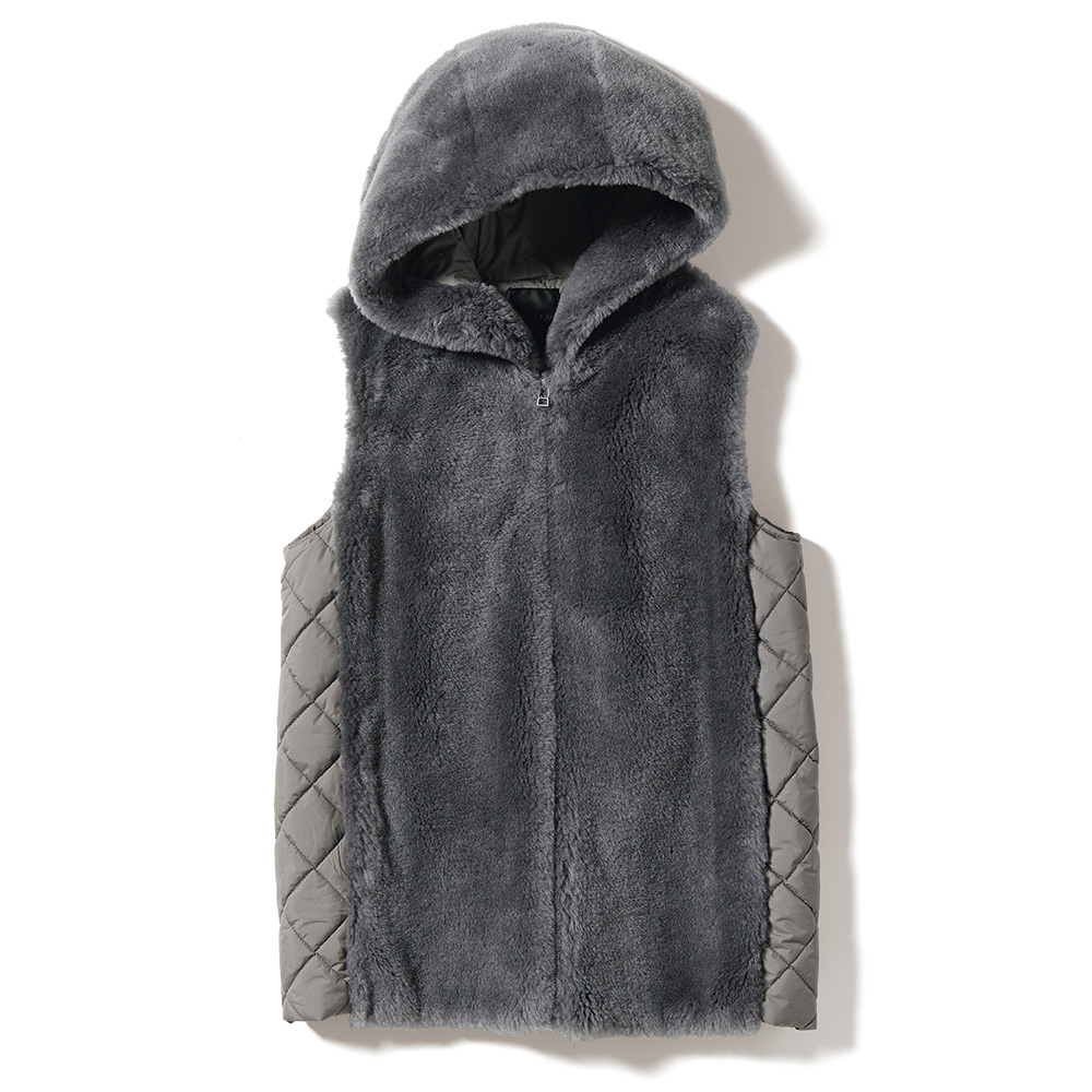 ウールボア フェイクムートン×中わたキルト フーデッドジレ 通販