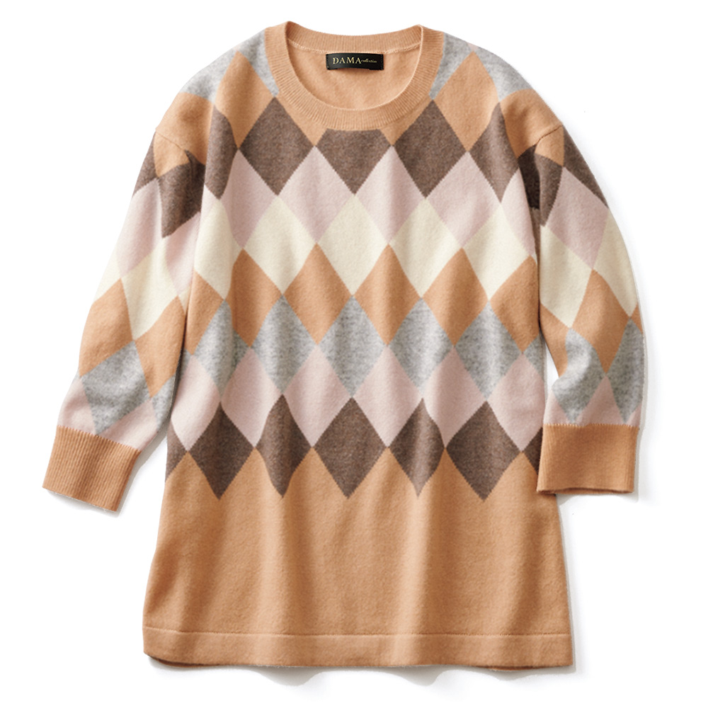 ウールカシミヤインターシャ アーガイル柄プルオーバー ニット セーター ファッション PC5991