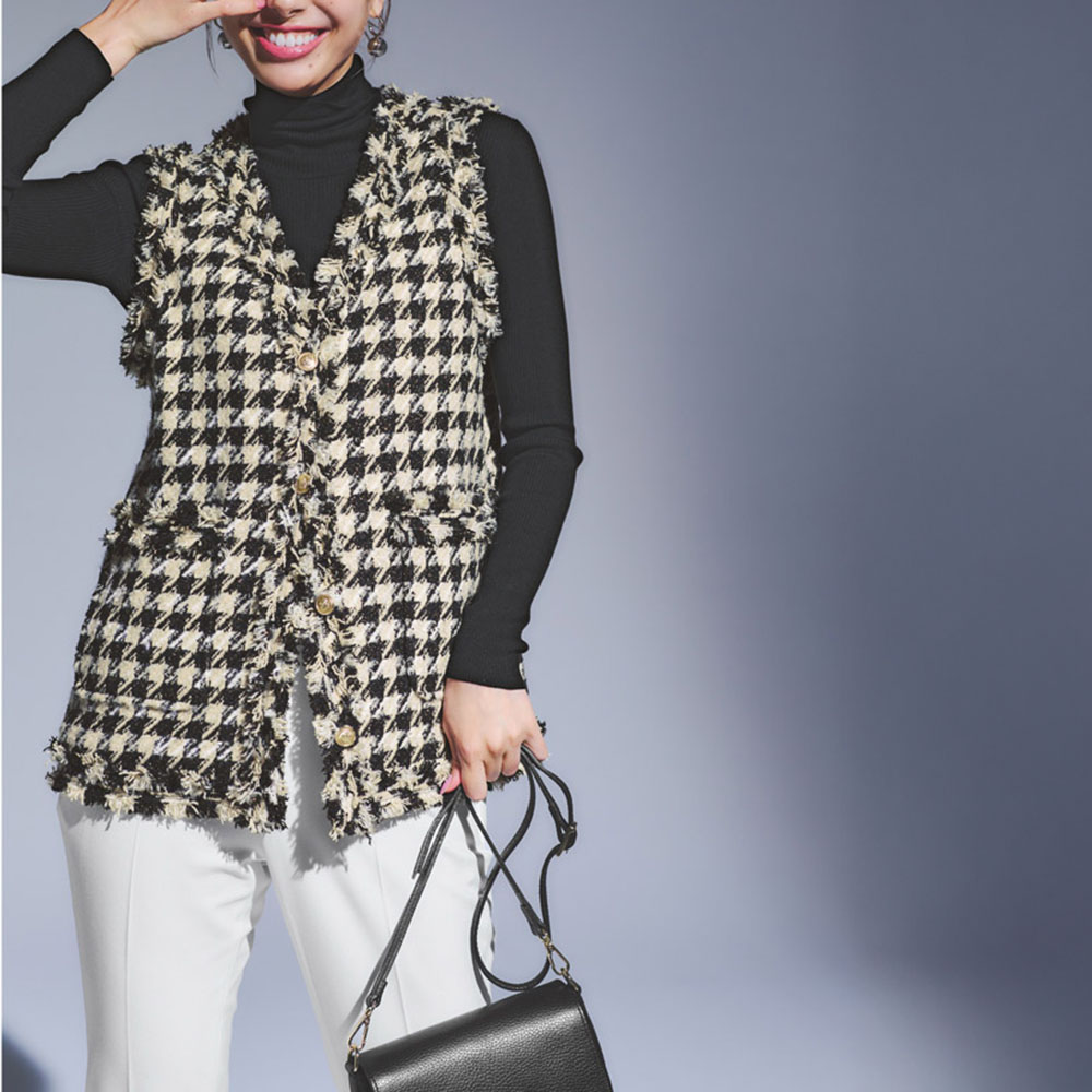 ウール混ラメ入り 千鳥柄ツイードジレ ディノスANAmall店