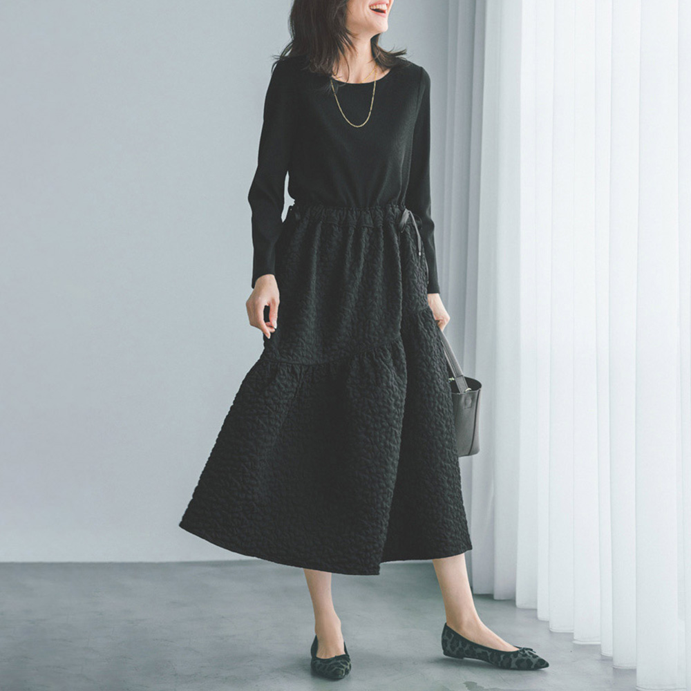 ふくれジャカード ドッキングワンピース ワンピース ファッション PC5841