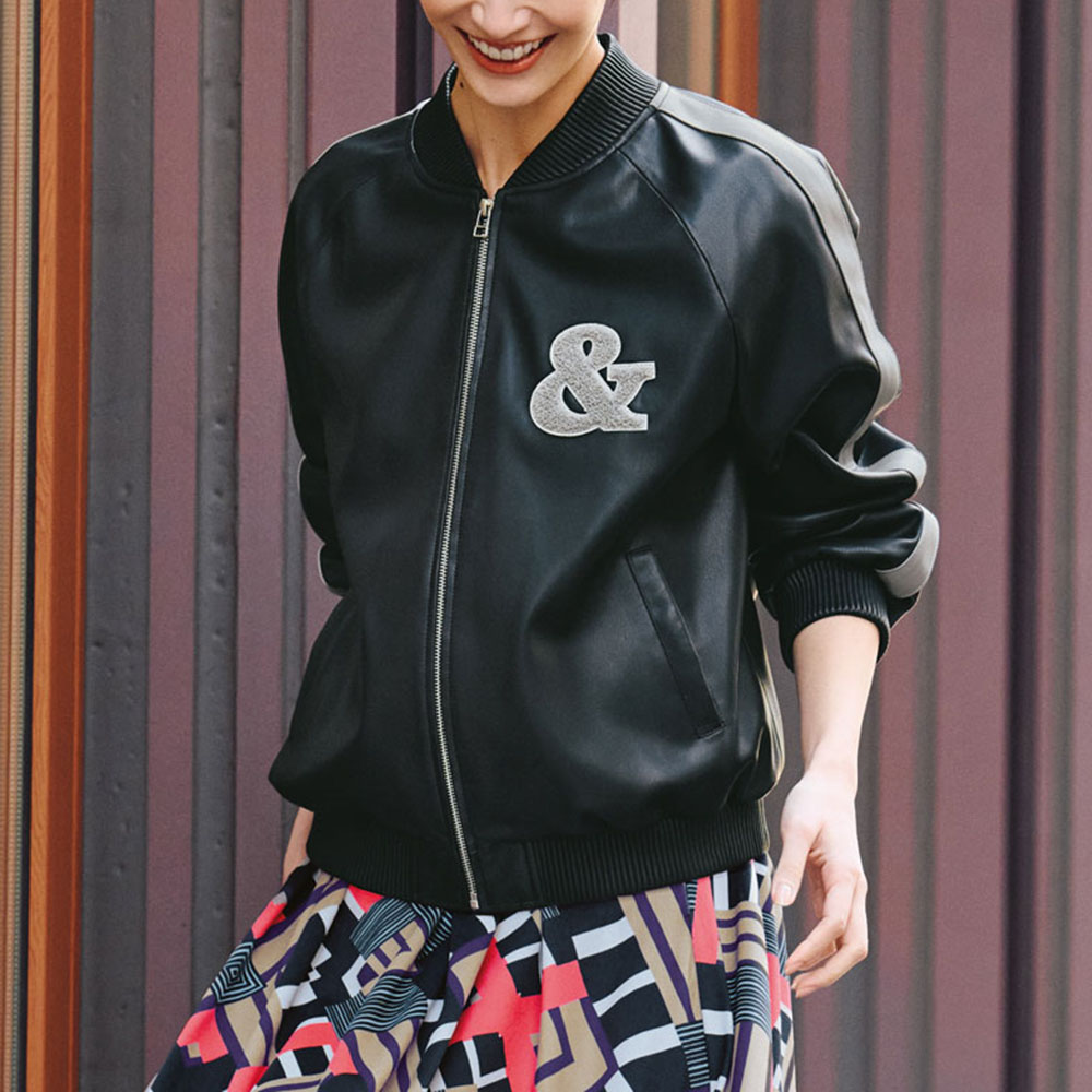 サガラ刺しゅうワッペン付き レザー調ブルゾン ジャケット ファッション PC5869