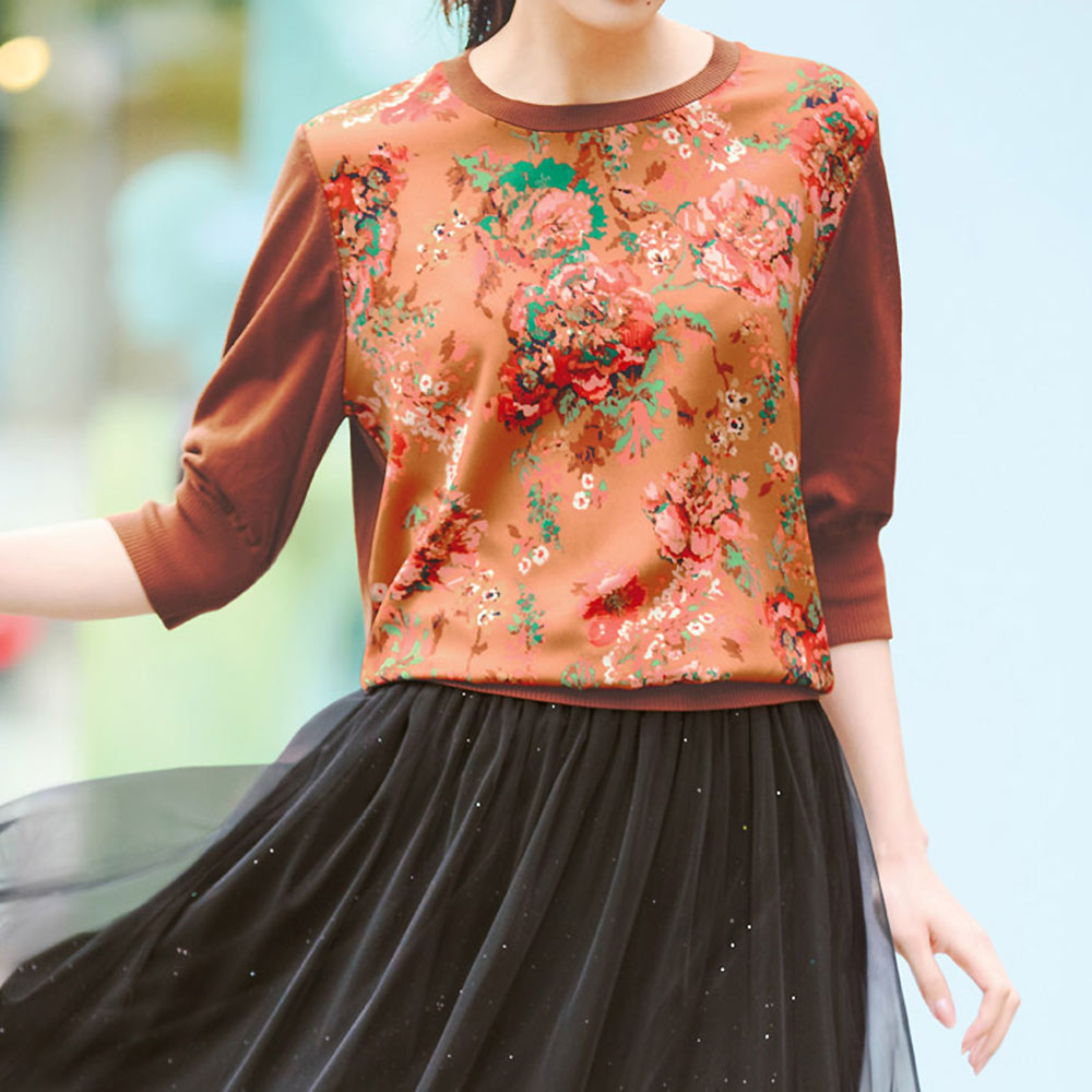 フラワープリント ドッキング ニットプルオーバー ニット セーター ファッション PC5901