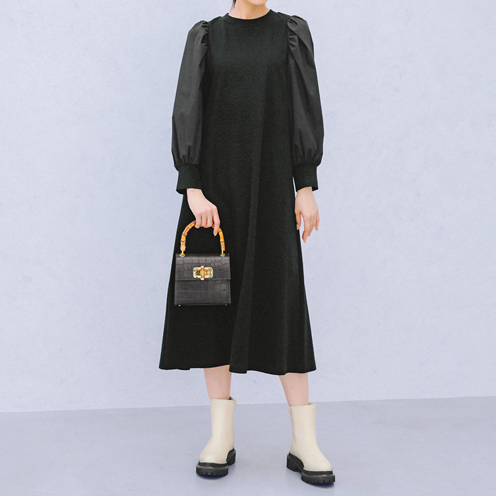 布帛×ポンチジャージー ドッキング ワンピース ワンピース ファッション PC5907