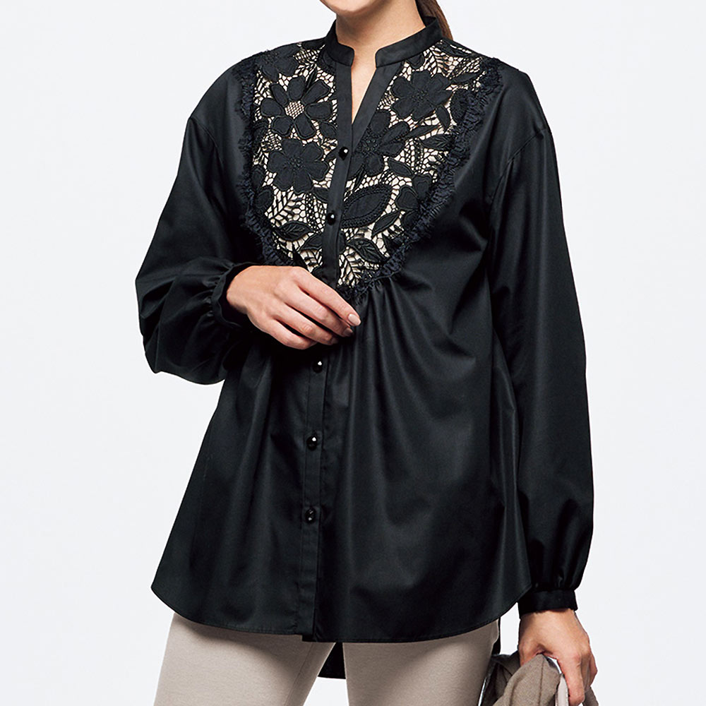 レース切り替え パフスリーブ チュニック シャツ ブラウス ファッション PC5958