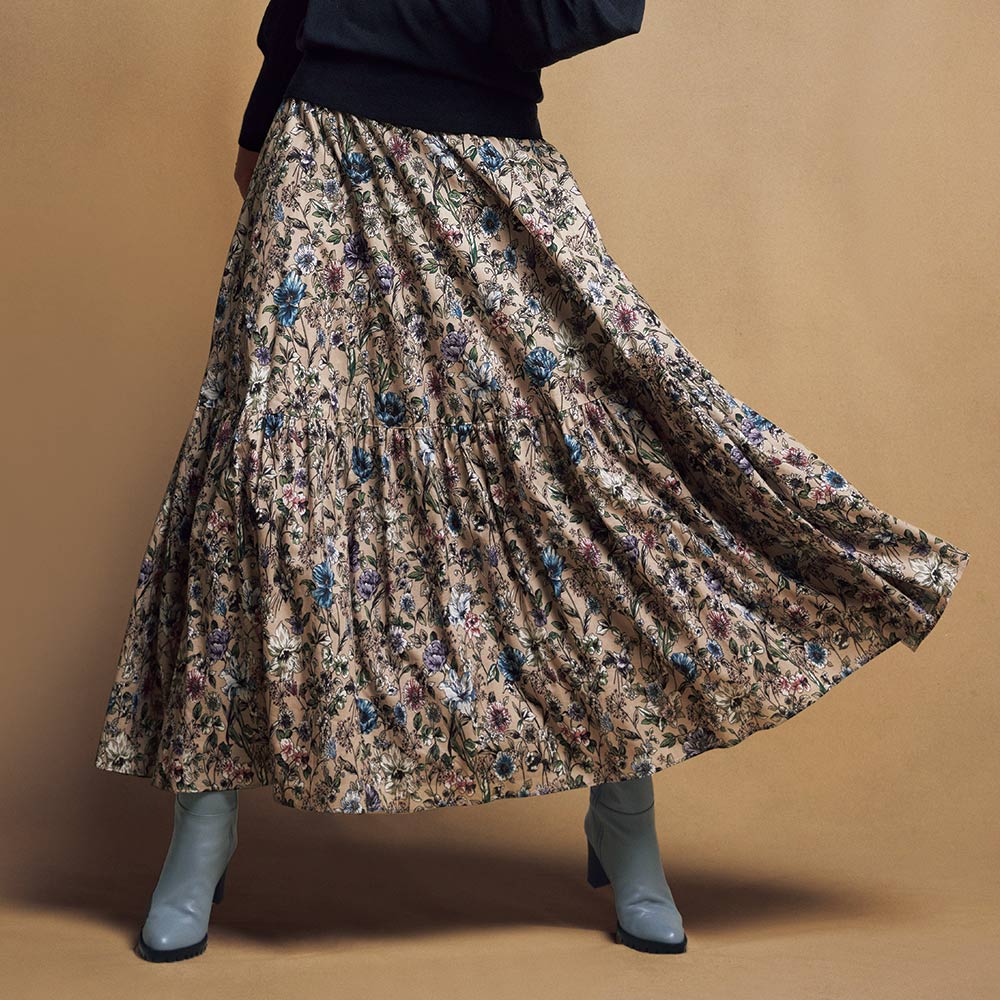 Adonisis フラワープリントティアードフレアスカートオレンジチューリップ柄 Adonisis フラワープリントティアードフレアスカートオレンジ