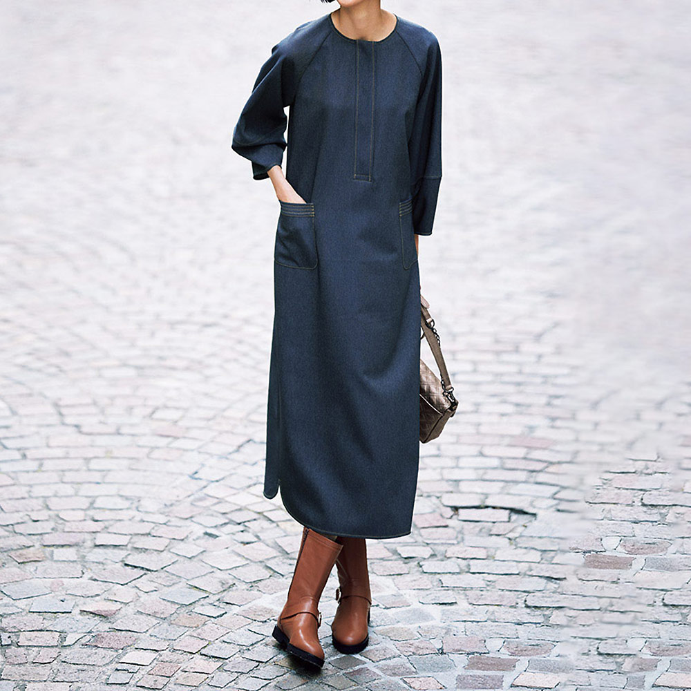 ステッチ使い デニム風 ワンピース ワンピース ファッション PC6018