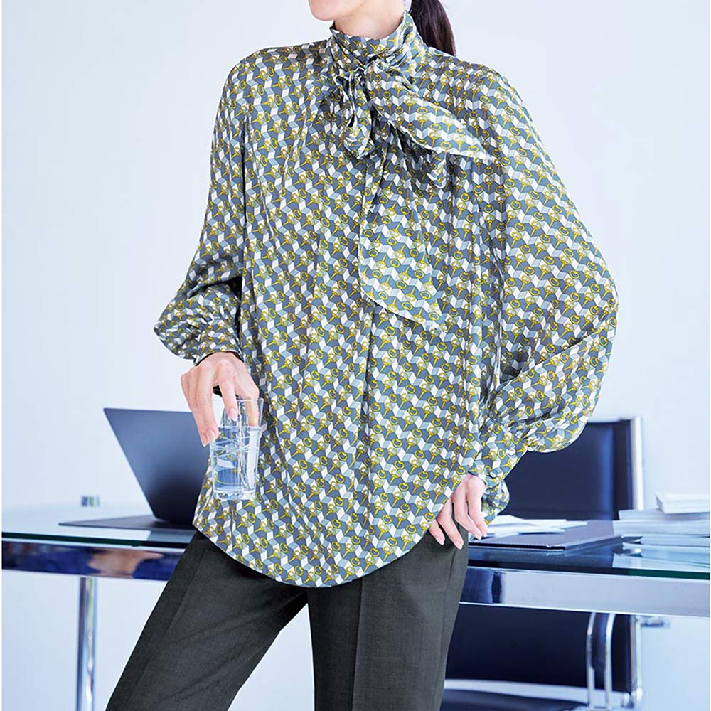 ラッティ社 幾何学＆ビット柄 ボウタイ ブラウス シャツ ブラウス ファッション PC6025