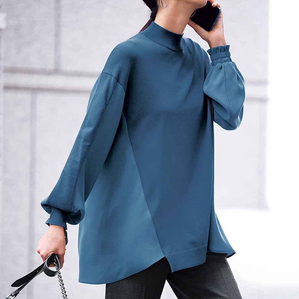 異素材使い パフスリーブ チュニック シャツ ブラウス ファッション PC6026