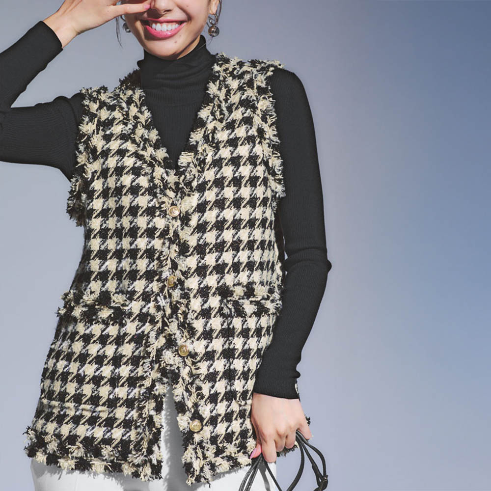 ウール混ラメ入り 千鳥柄ツイードジレ ジャケット ファッション PC6053