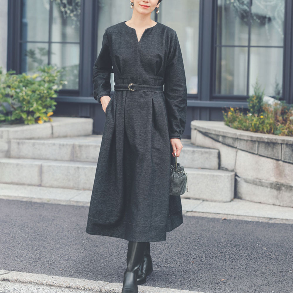 デニム調裏起毛 ウエストタックワンピース ワンピース ファッション PC6054