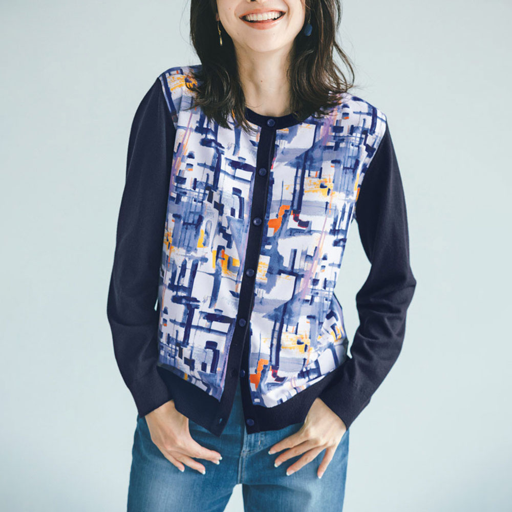 抽象画モチーフプリント ドッキング カーディガン ニット セーター ファッション PC6071