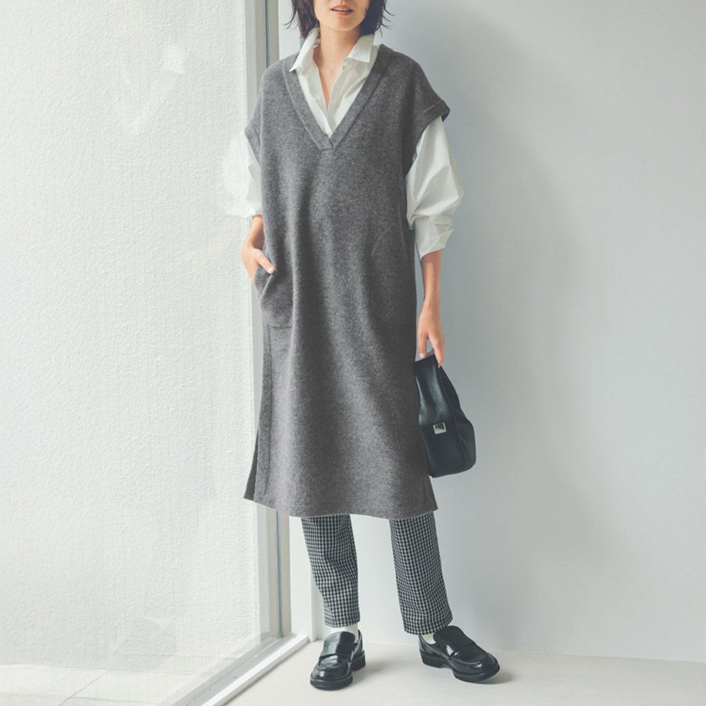 ウール縮絨ニットロングジレ チュニック ファッション PC6077