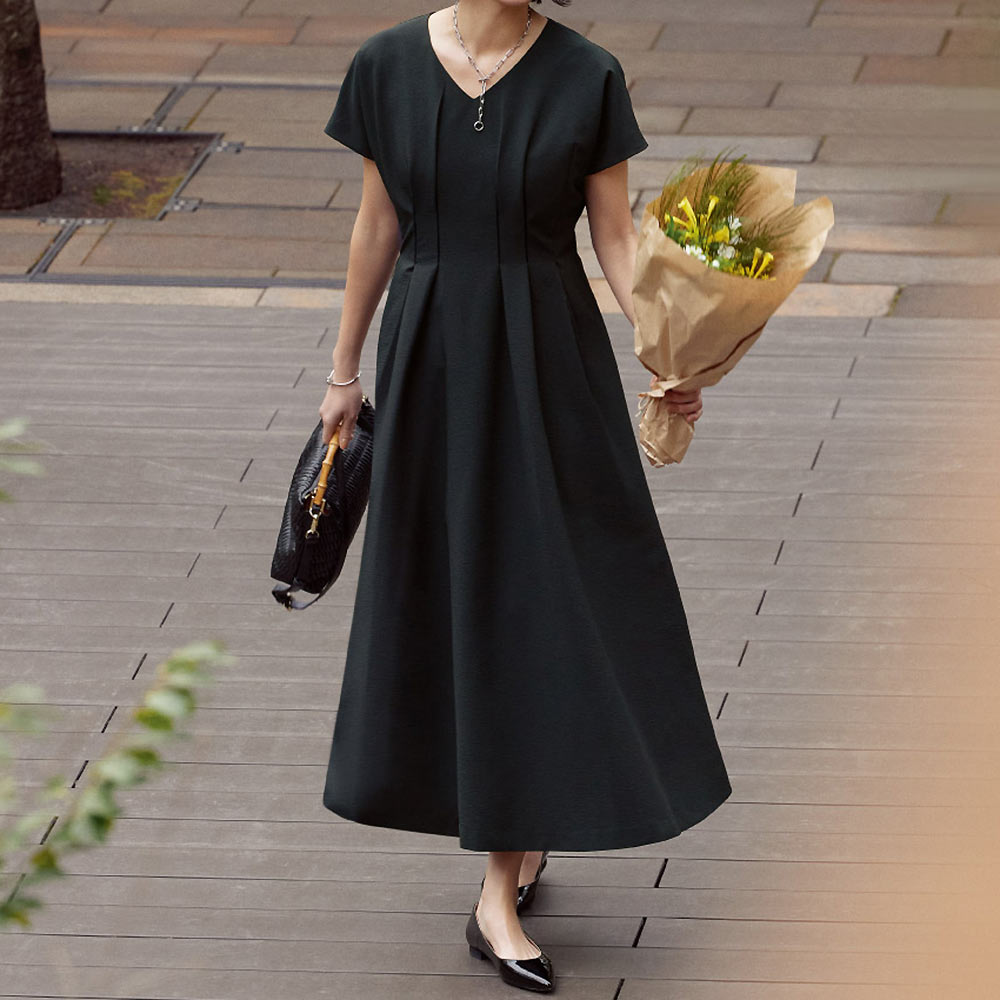 サッカー素材 Vネック フレアーワンピース ワンピース ファッション PC6092