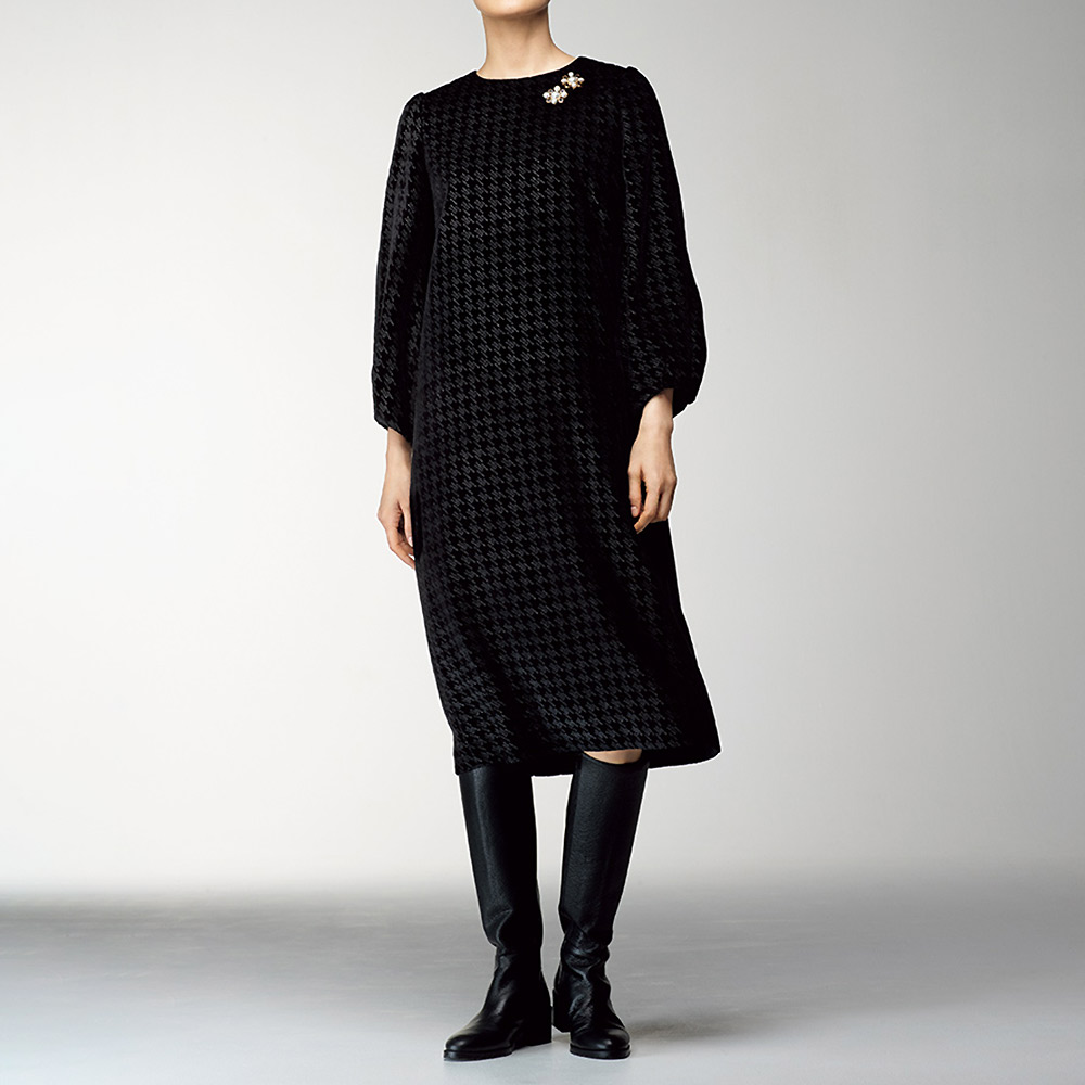 イタリア素材 シルク混 千鳥柄 ベルベット ワンピース ワンピース ファッション PC6095