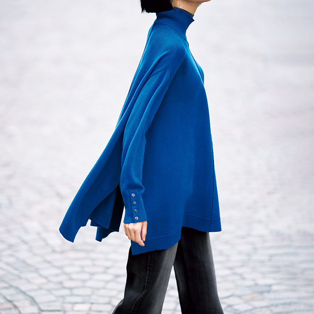 配色使い ポンチョ風 タートル ニットプルオーバー ニット セーター ファッション PC6109