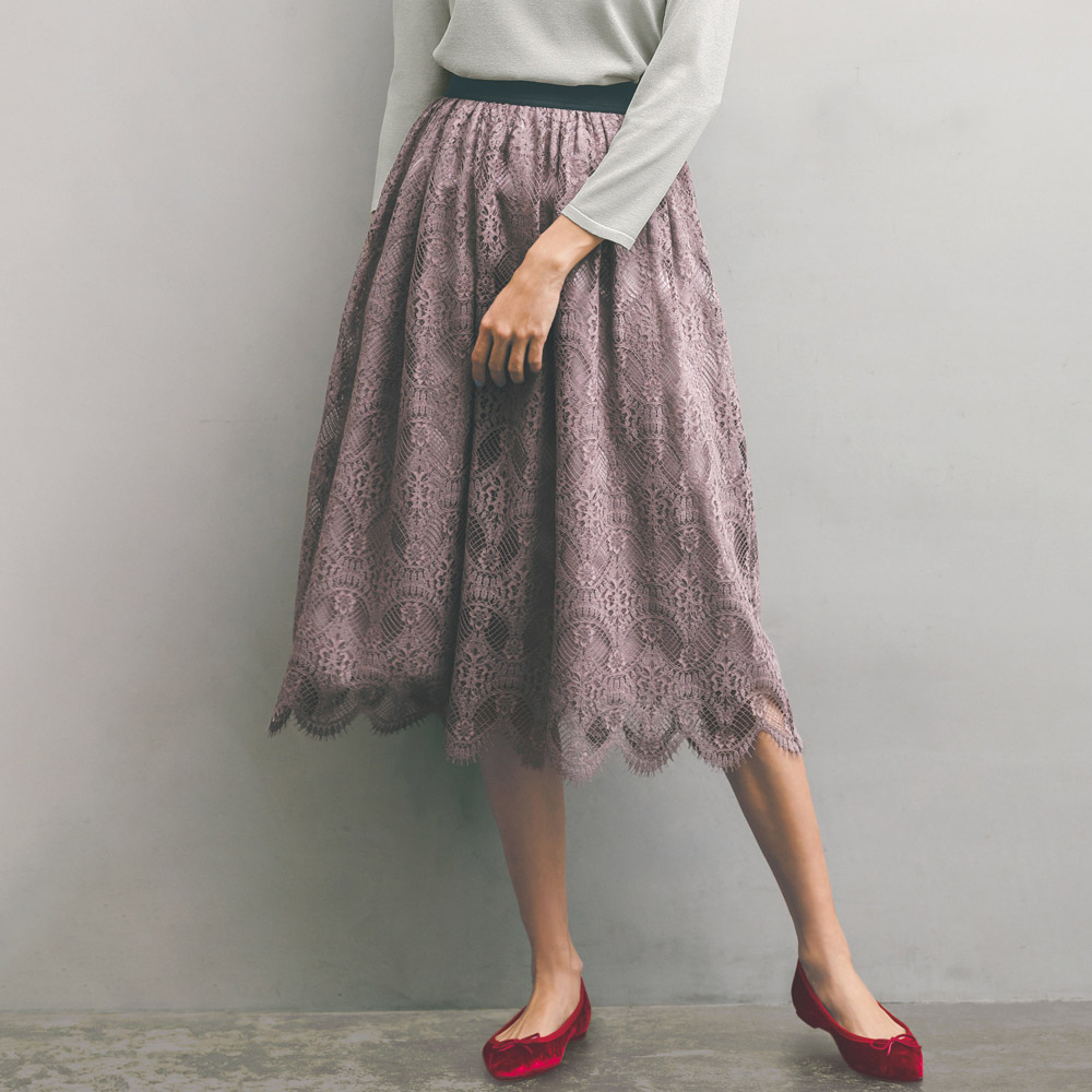 ラッセルレース スカラップ使い スカート プリント 柄スカート スカート PC6131