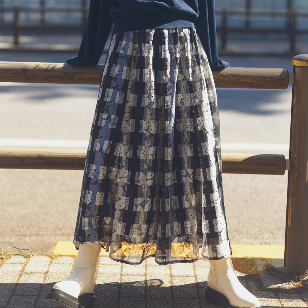 チェックプリント レース フレアスカート プリント 柄スカート スカート PC6156