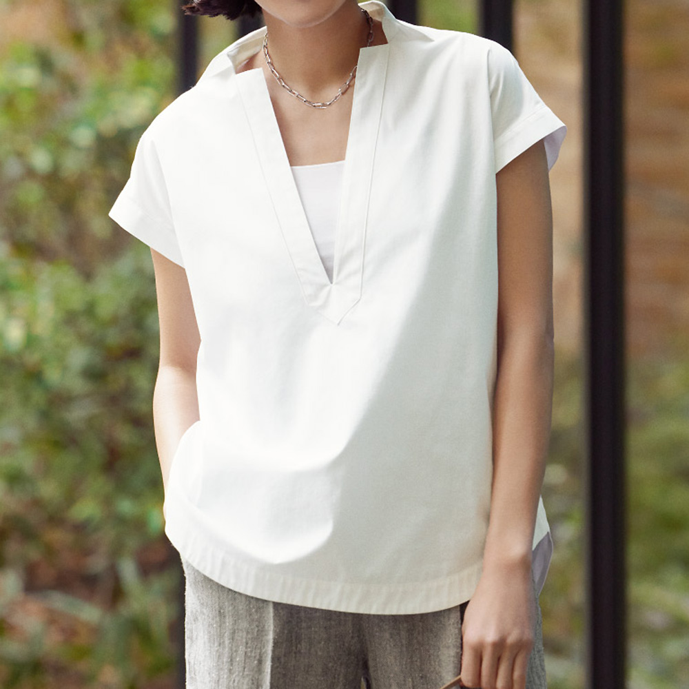 接触冷感・UVカット コットン混 Vネック シャツ UV 紫外線対策 美容 健康 PC6275