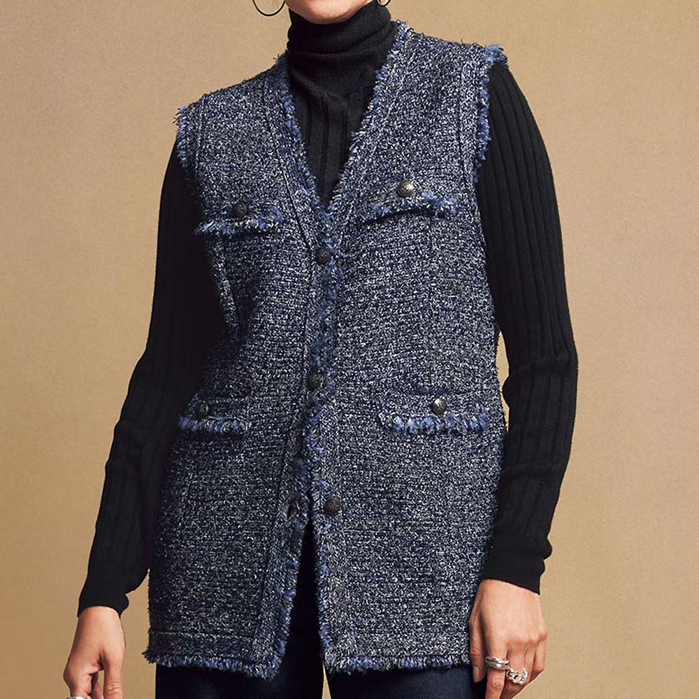 シルクウール混 ファンシーヤーン ツイードニット ロングジレ 通販