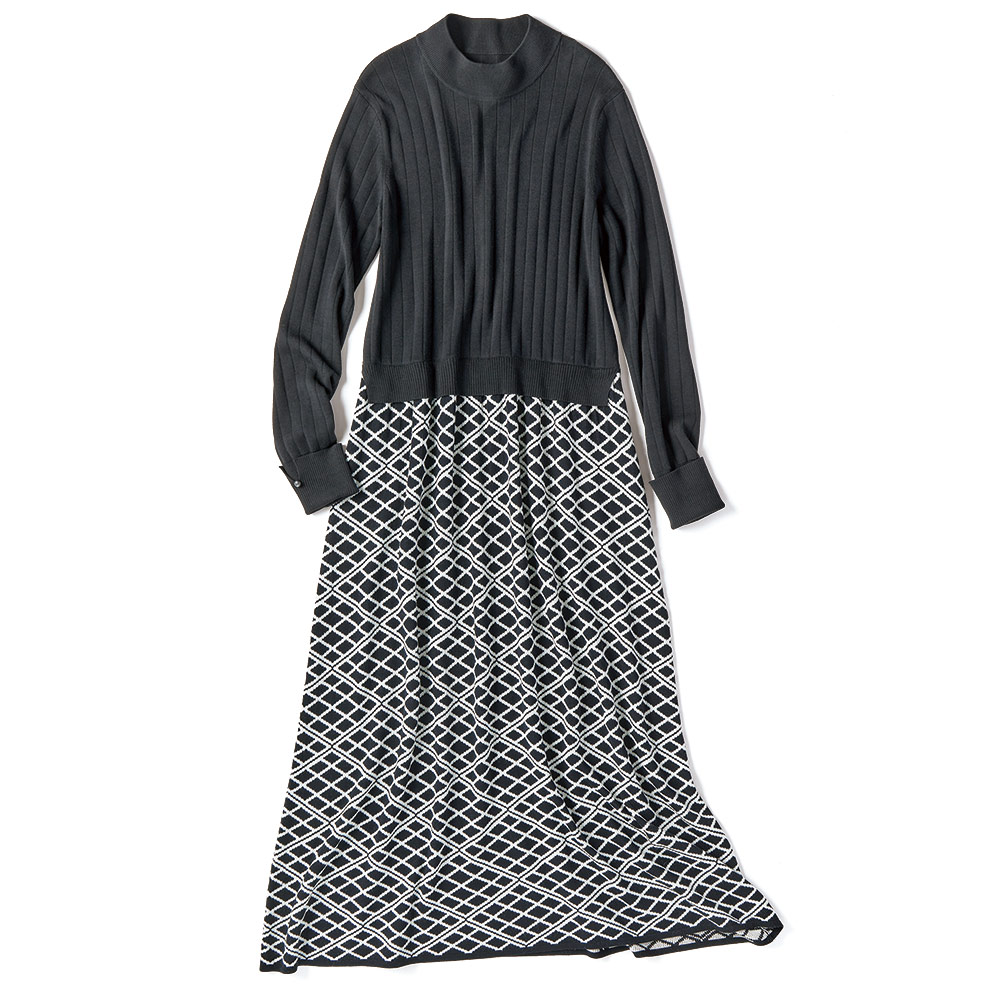 幾何学柄ドッキング風 ニットワンピース ワンピース ファッション PC6433