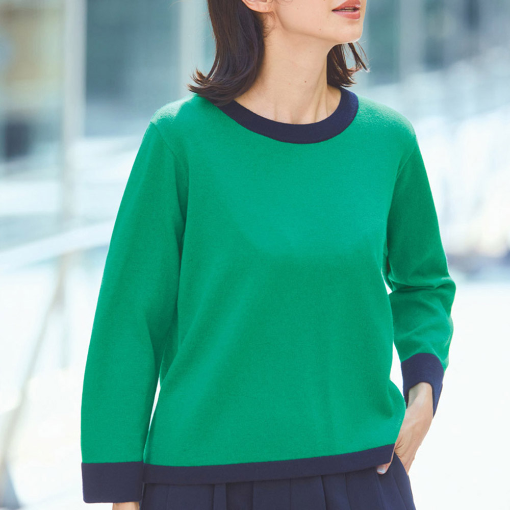 ウール混バイカラー ニットシリーズ 8分袖プルオーバー ニットセーター ニット セーター PC6301