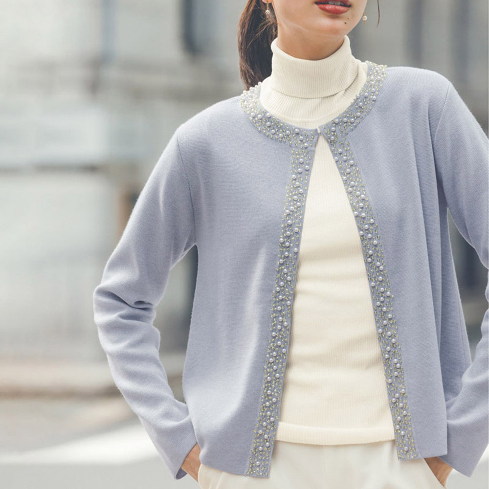 パールビーズ刺しゅう ミラノリブニットカーディガン ショートカーディガン カーディガン ボレロ PC6314