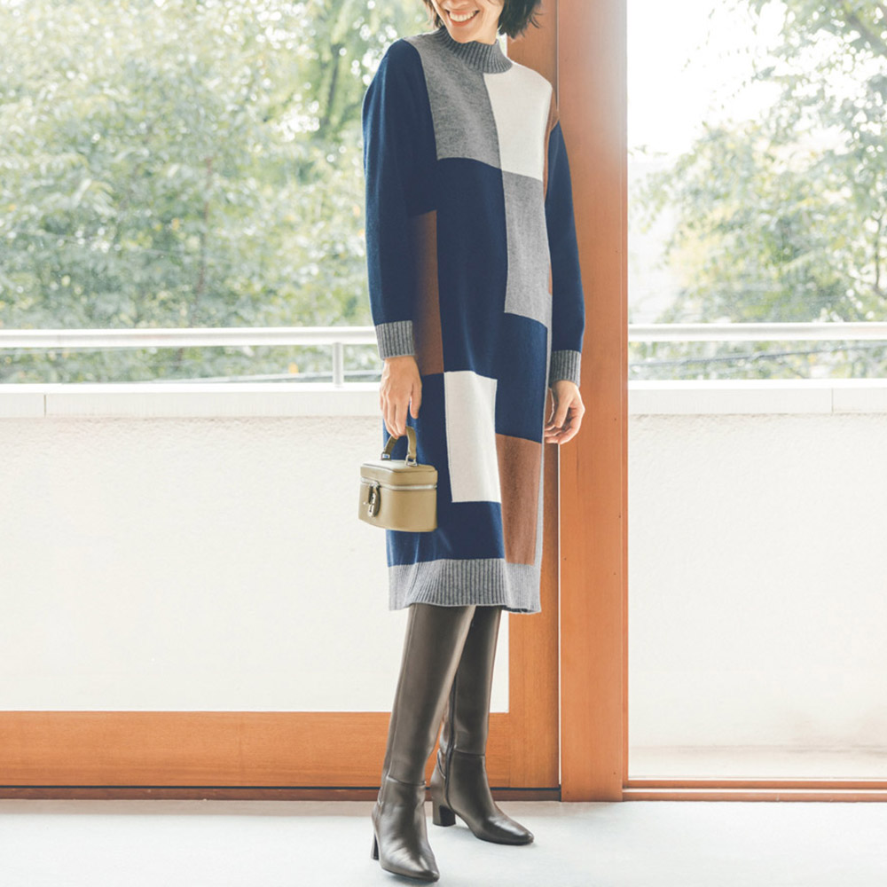 ウール混インターシャ カラーブロックワンピース ニットワンピース ワンピース PC6328