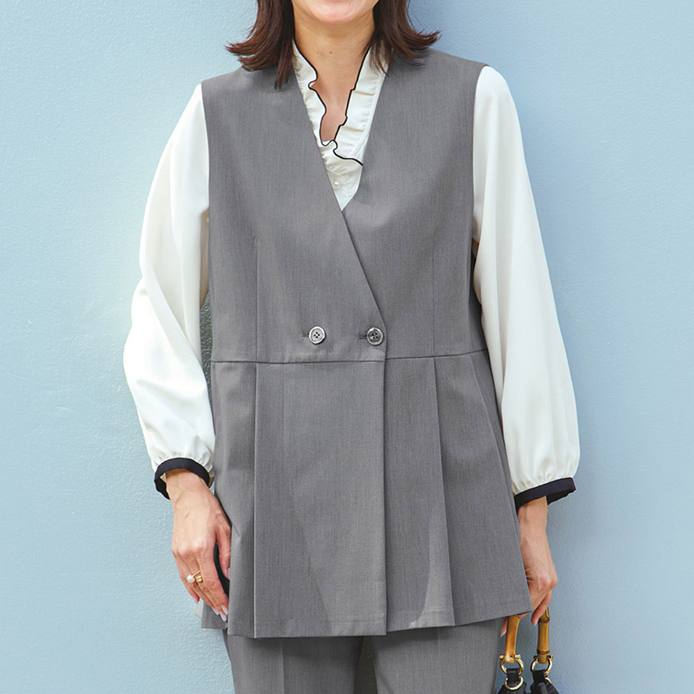 2ウェイ ストレッチ ギャバジン プリーツ ジレベスト ベスト ジレ ジャケット PC6336