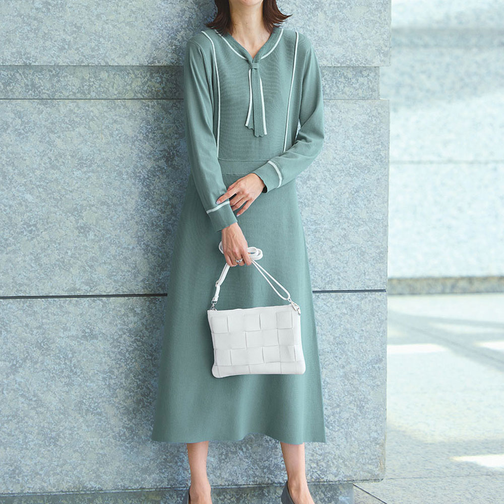 配色ボウタイ 総針編みニットワンピース ニットワンピース ワンピース PC6345