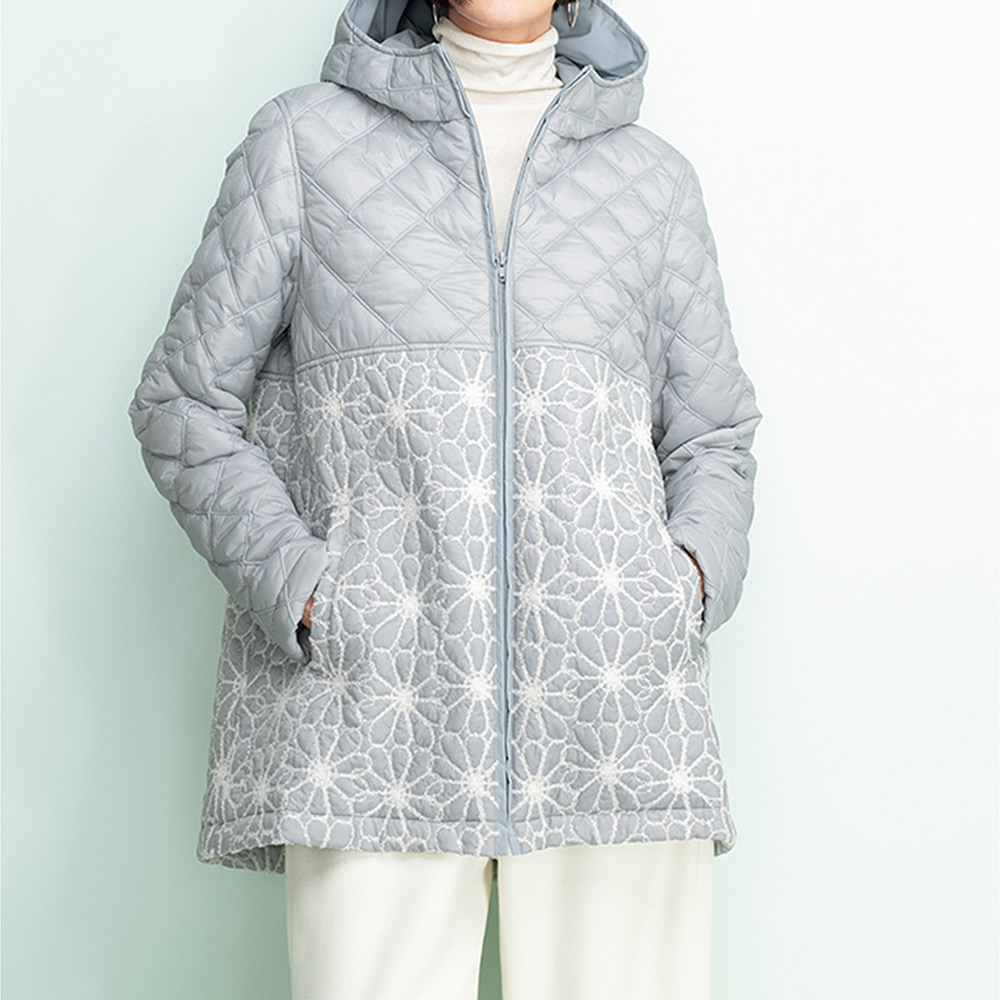 イタリア素材 フラワー柄 キルティング フーデッドコート コート ファッション PC6389