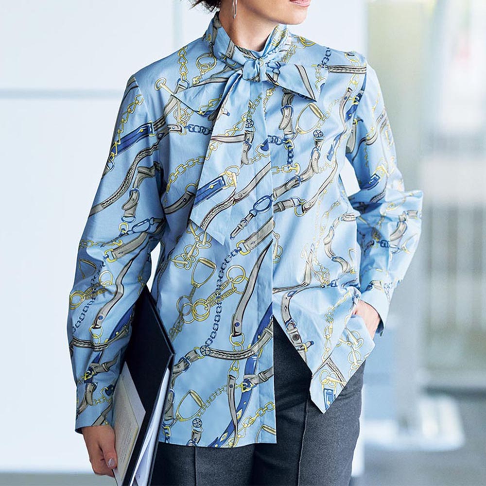 イタリア素材 ベルト柄プリント ボウタイブラウス シャツ ブラウス ファッション PC6417