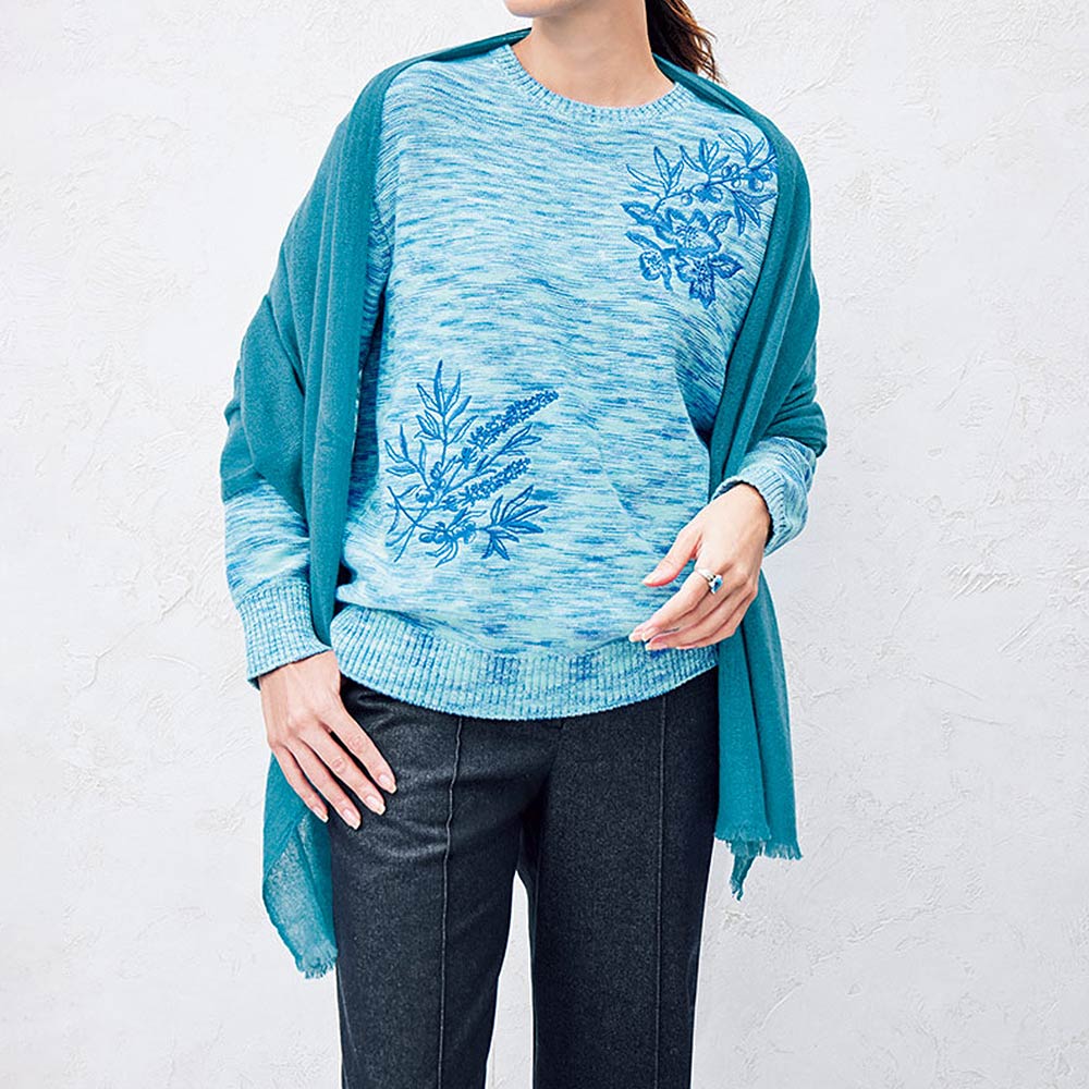 刺しゅう入り コットンかすり糸 ニットプルオーバー ニット セーター ファッション PC6434