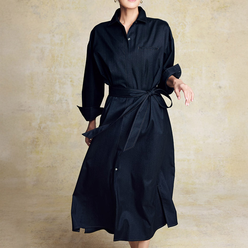 ZQウールデニム調素材 ロングシャツワンピース シャツ ブラウス ファッション PC6541