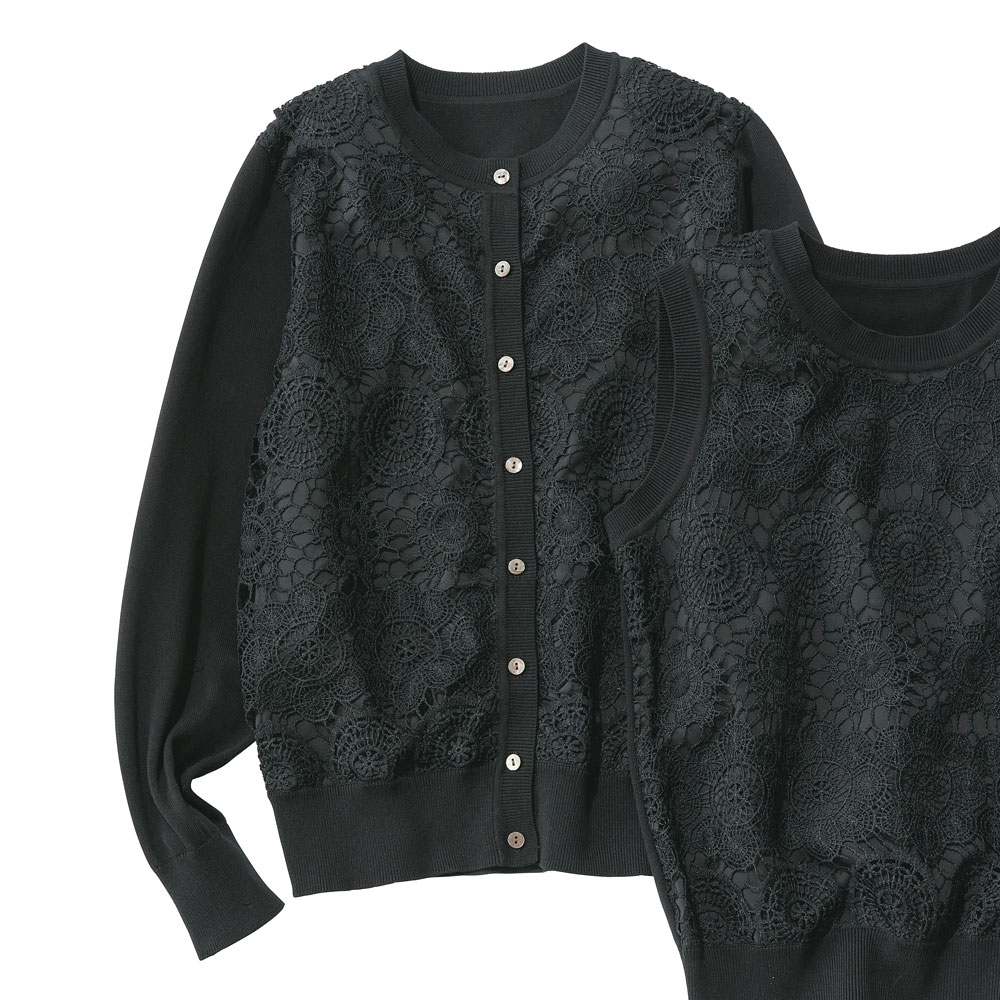 ケミカルレース使い コットンニット カーディガン ニットアンサンブル ツインニット ニット セーター PC7009