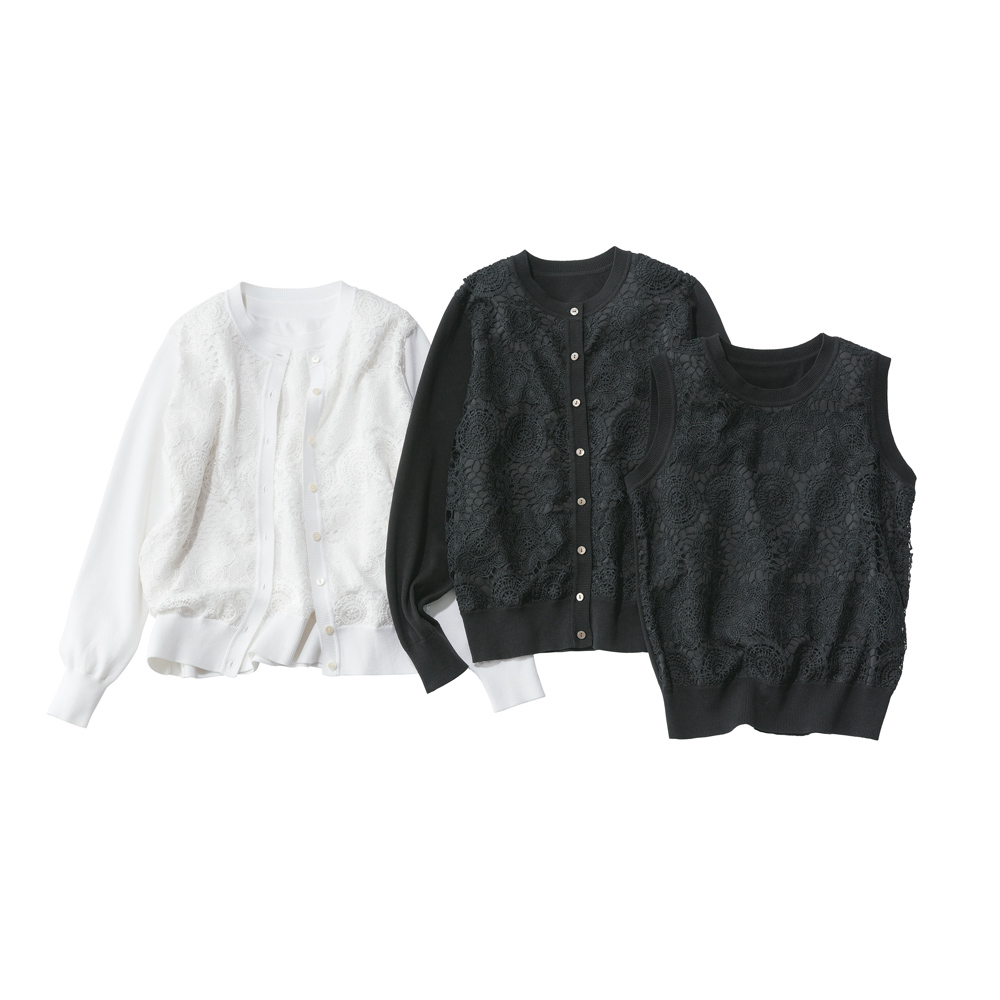 ケミカルレース使い コットンニット カーディガン ニットアンサンブル ツインニット ニット セーター PC7009