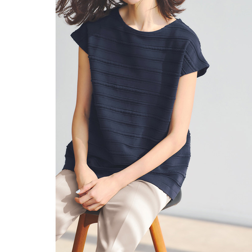 接触冷感 ケーブルボーダー コットン ニットプルオーバー(日本製) サマーニット ニット セーター PC7055