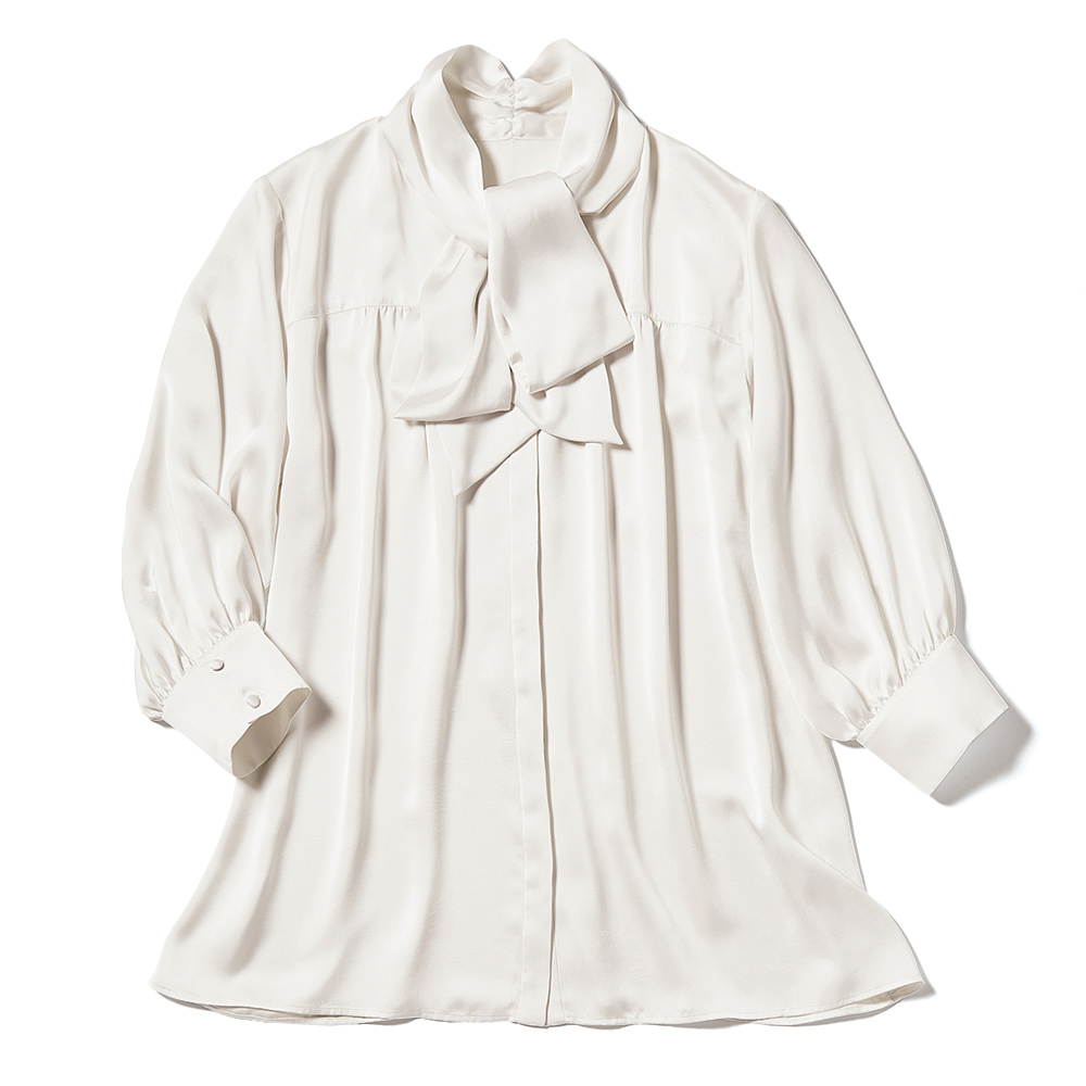 とろみサテン リボン風ボウタイ ギャザー ブラウス ブラウス シャツ PC7121