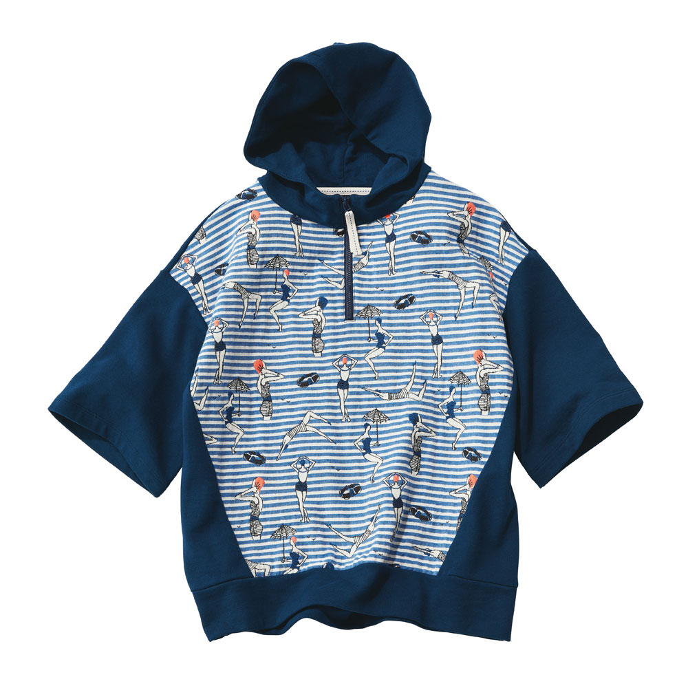 フランス素材 スイミング柄 ジャカード 5分袖 パーカー パーカー スウェット トレーナー PC7166