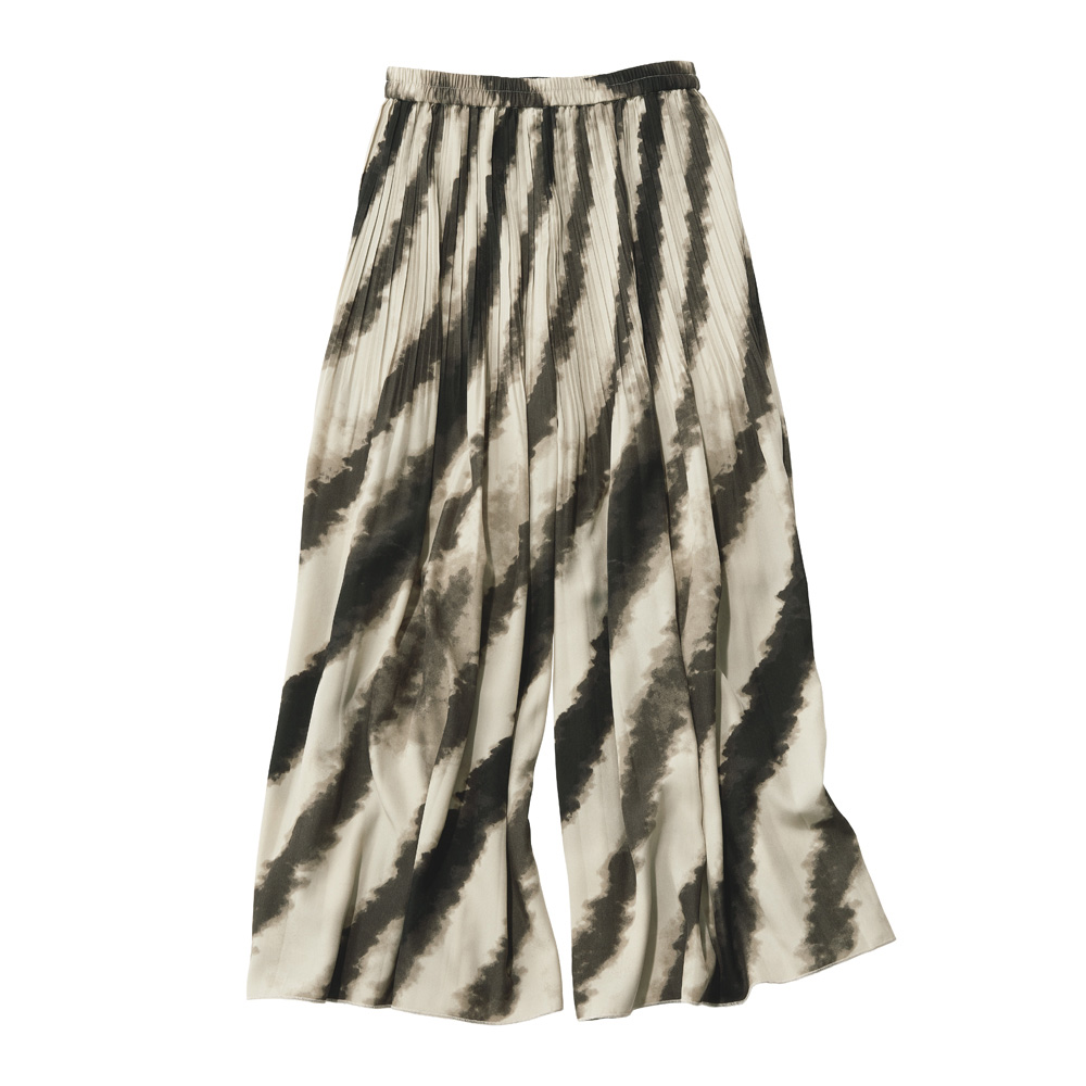 バイアスプリント プリーツ フレアパンツ イージーパンツ パンツ PC7182