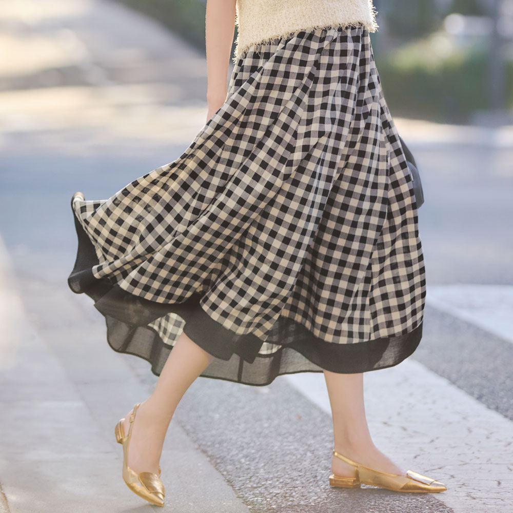 先染めギンガムチェック フレアスカート プリント 柄スカート スカート PC7024