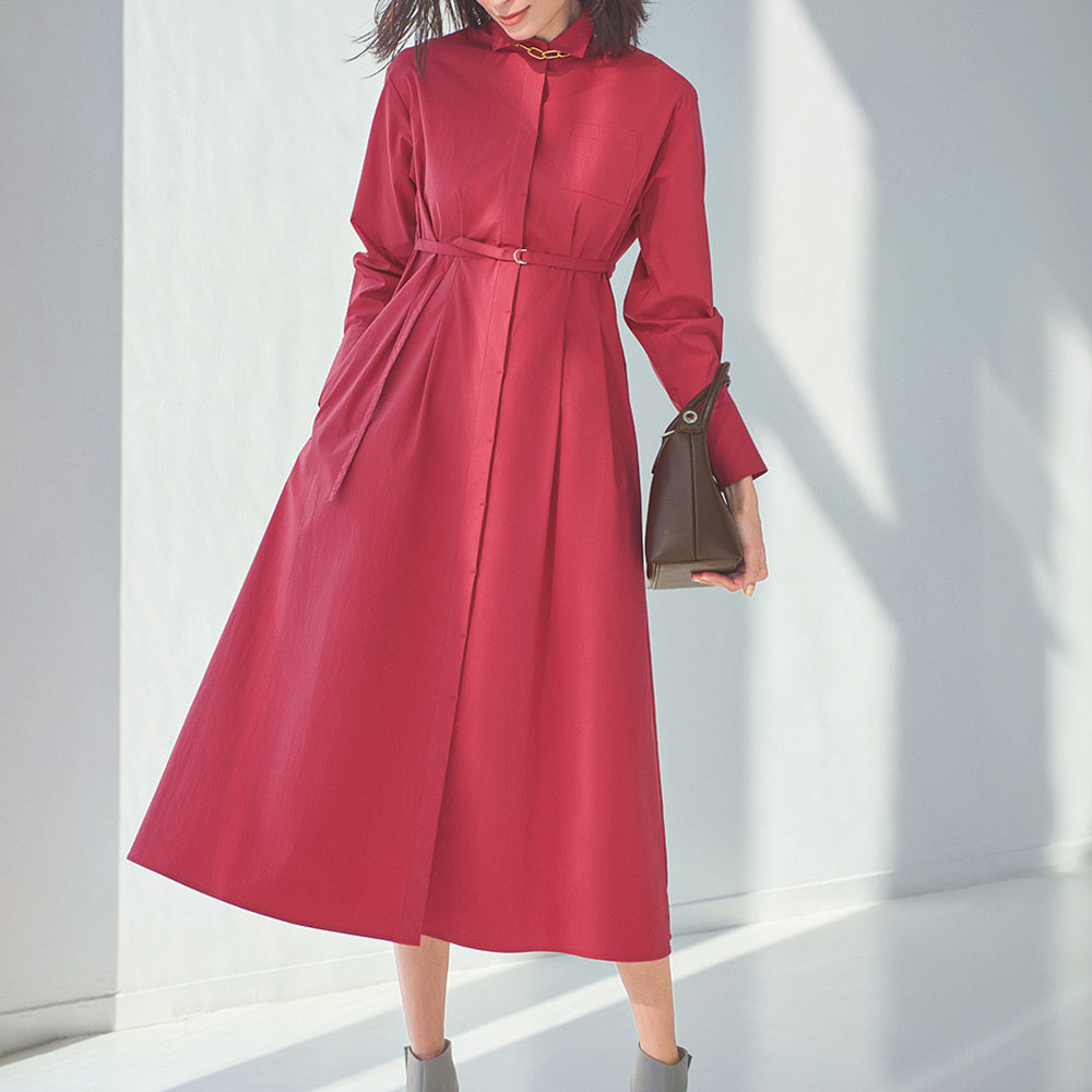 コットンナイロン ベルテッド シャツワンピース マキシワンピース ロングワンピース ワンピース PC7044